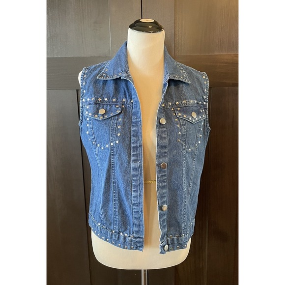 Denim Vest Studded Sleeveless Jean Jacket Rocker Style Casual‎ - Picture 1 of 5